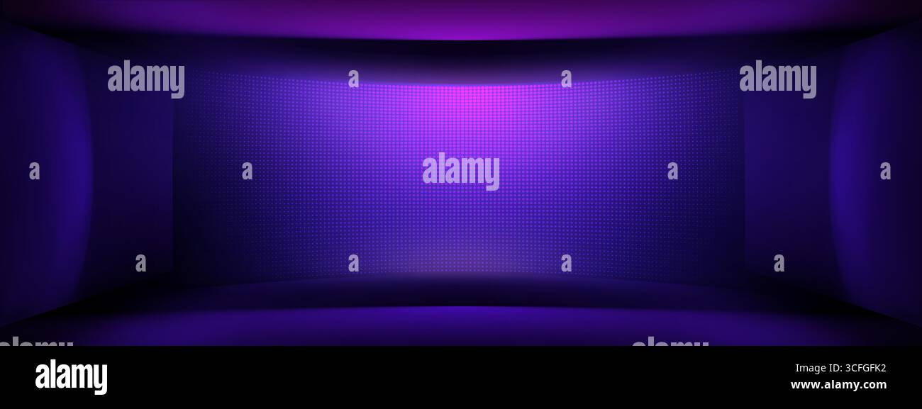 Violette LED-Wandpaneel mit lcd-Bildschirm und hellem Hintergrund für tv-Videos. Pixelanzeige und Monitor in Blau. Digitales Gittermuster für das Nachtleben. Stock Vektor