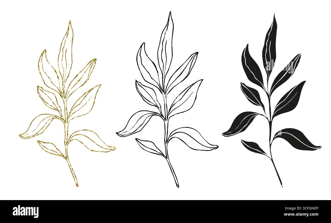 Palmblätter Linie Kunst, Silhouette und Glitzer einfache Hand gezeichnete Vektor Illustration Set, isolieren auf weißem Hintergrund. Stock Vektor