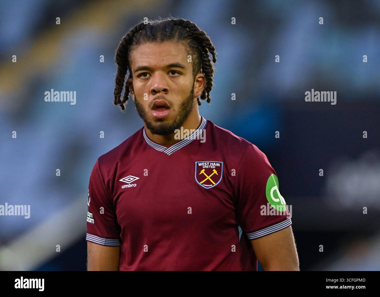 Manchester, Großbritannien. August 2025. Ezra Mayers von West Ham United während des Spiels Manchester City U21 gegen West Ham United U21 Premier League 2 im Academy Stadium, Manchester. Der Bildnachweis sollte lauten: Cody Froggatt/Sportimage Credit: Sportimage Ltd/Alamy Live News Stockfoto