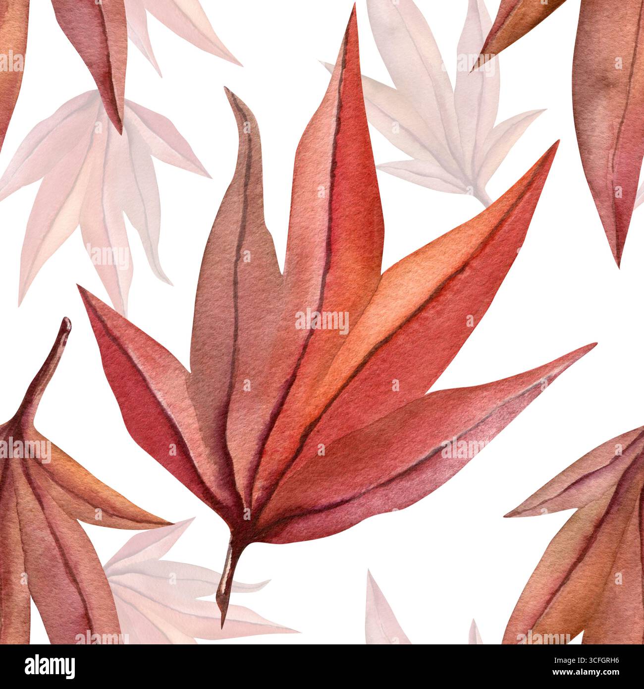 Japanischer Ahorn. Nahtloses Muster. Aquarellillustration mit hellroten Herbstblättern auf transparentem Hintergrund. Zum Design von Visitenkarten Stockfoto