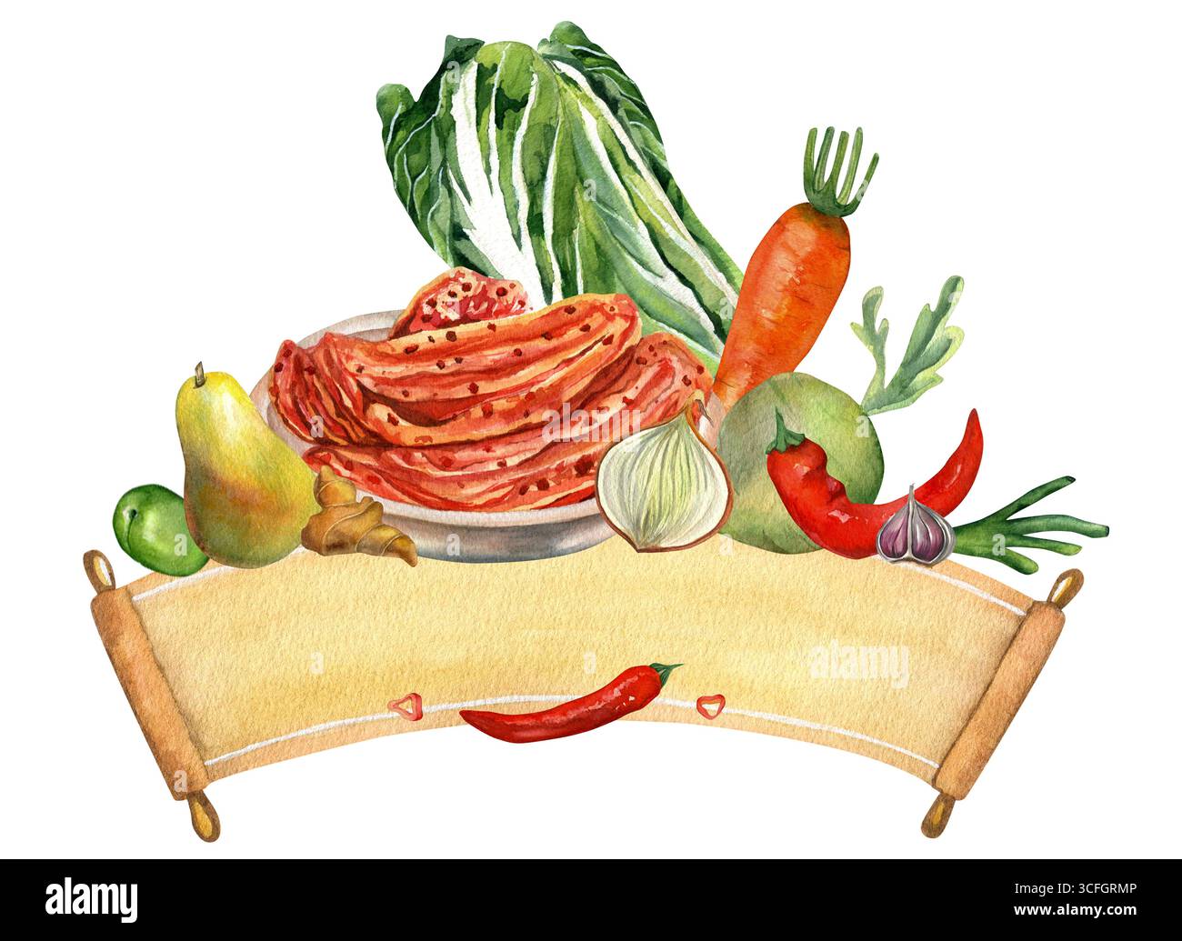 Kimchi-Gemüse und Papyrusband. Aquarellabbildungen handgezeichnet isoliert auf transparentem Hintergrund. Chinakohl, Zwiebeln, Ingwer, Karotten Stockfoto