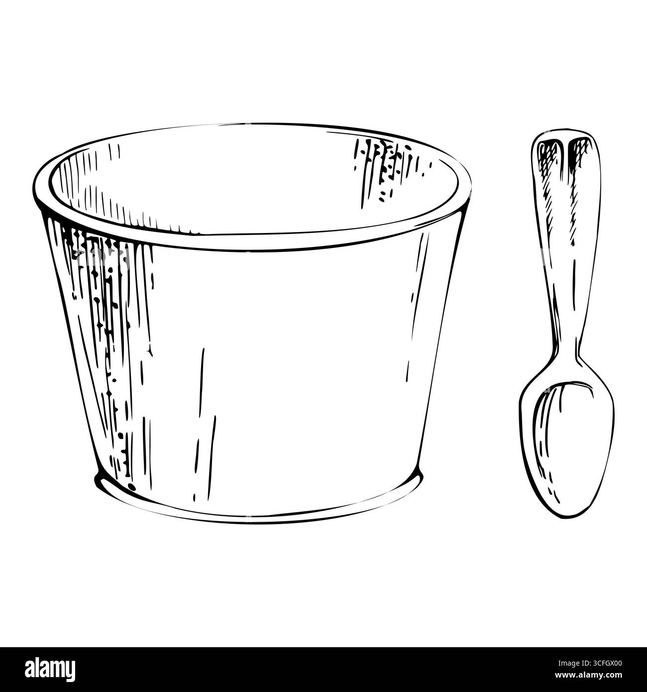 Papierbecher, Einweglöffel aus Kunststoff, Einweg- oder Mehrwegbesteck. Grafische Abbildung handgezeichnet in Vektortinte. Dessertbar Beschilderung, Feinkost Stock Vektor