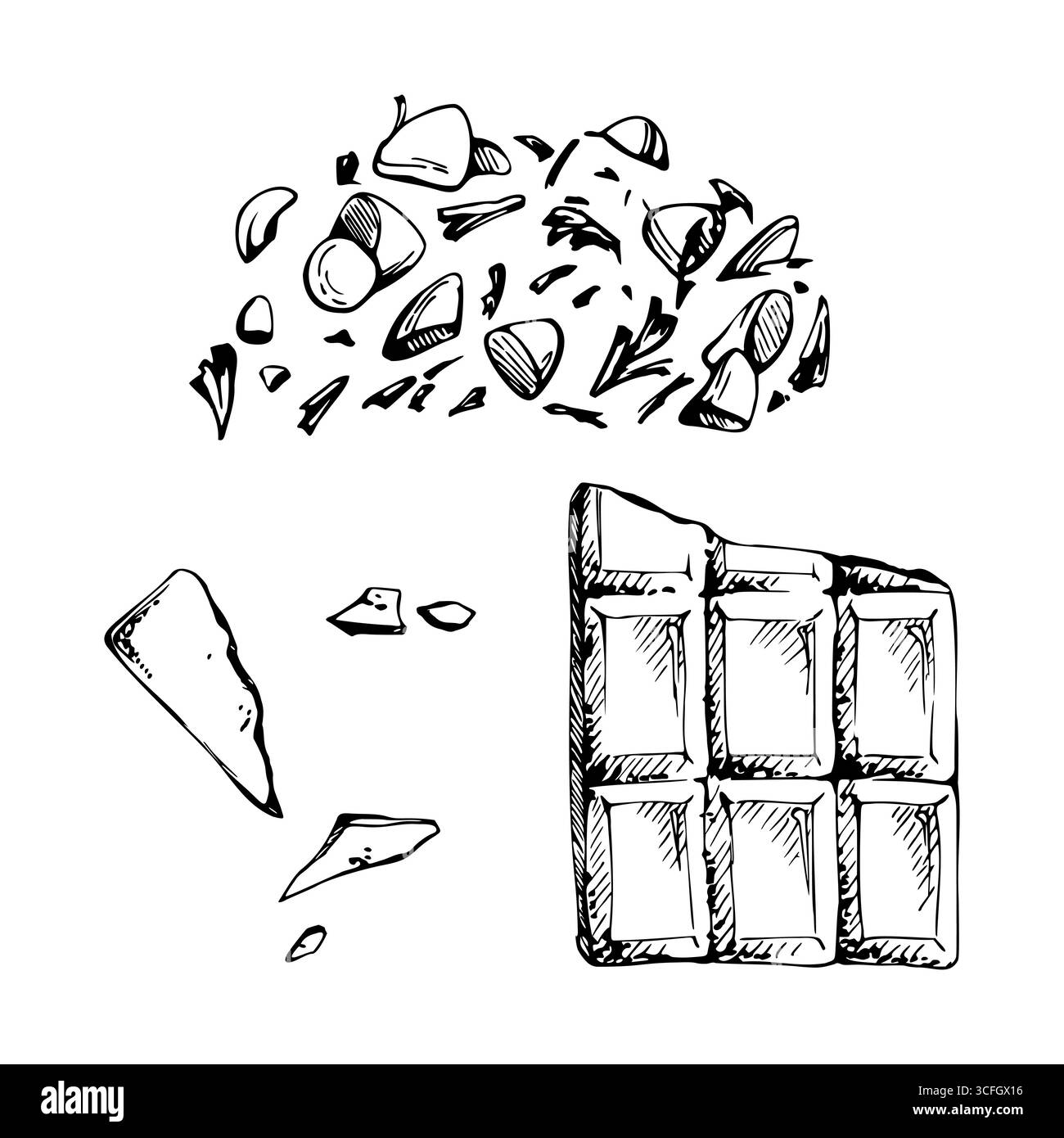 Eiscreme-Teller mit Schokoladenriegel, Kakaochips, Krümel, Zuckerstreusel. Vektorgrafik handgezeichnet in Tinte, detaillierte Linie Stock Vektor