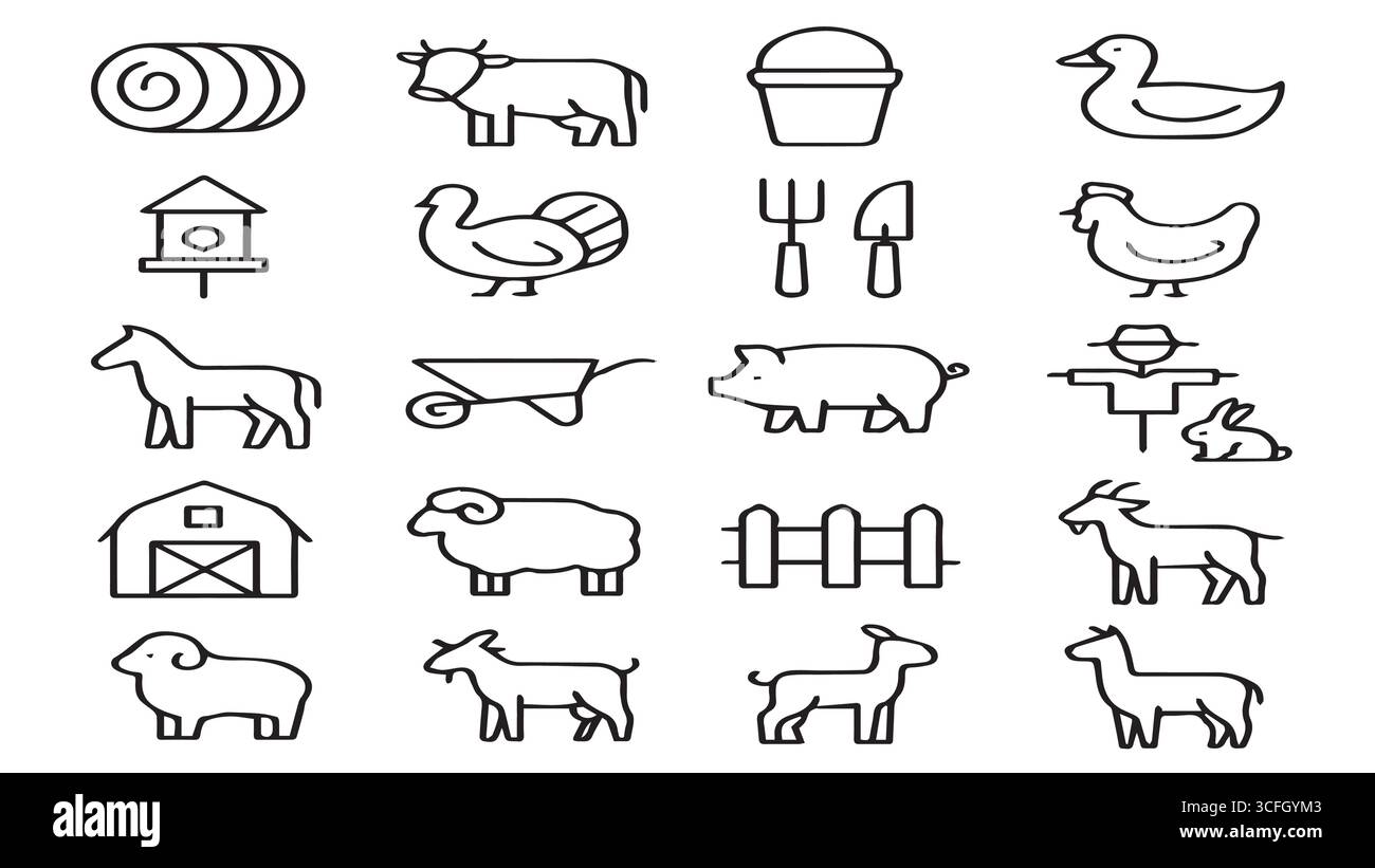 „Symbole für landwirtschaftliche Linien – Tiere, Werkzeuge, Scheune, Zaun, Landwirtschaft und Viehzucht“ Stock Vektor