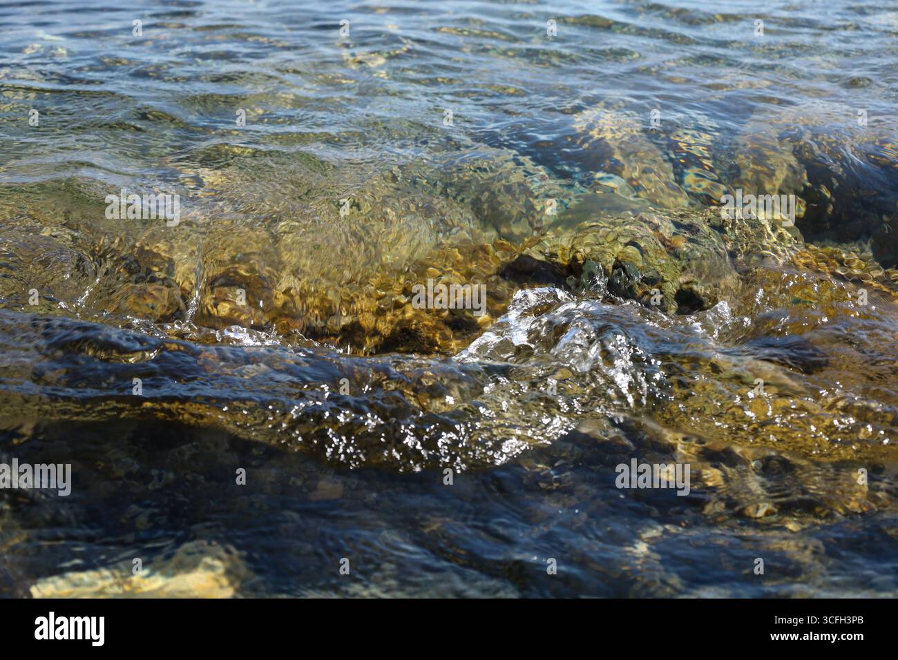 Flache Wellen, die sanft über einen felsigen Meeresboden Rollen, mit hellem Sonnenlicht, das die Texturen und Farben unter der Oberfläche freigibt. Dynamisch und natürlich Stockfoto