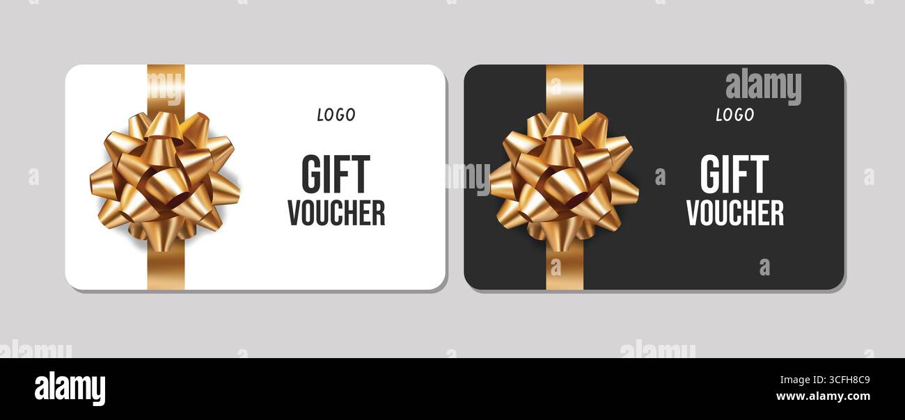 3D realistische Geschenkgutscheine mit Schleife. Geschenkgutscheine, Verkaufskarte, Geburtstag, Weihnachten Stock Vektor