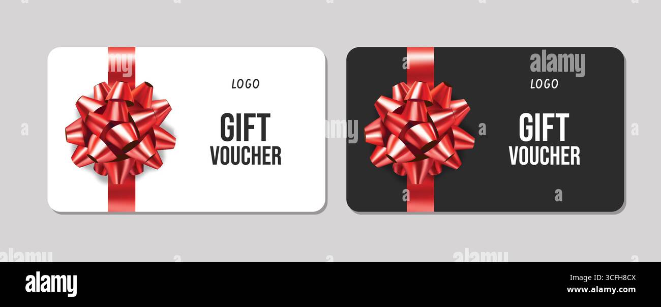 3D realistische Geschenkgutscheine mit Schleife. Geschenkgutscheine, Verkaufskarte, Geburtstag, Weihnachten Stock Vektor