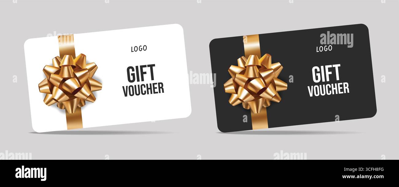 3D realistische Geschenkgutscheine mit Schleife. Geschenkgutscheine, Verkaufskarte, Geburtstag, Weihnachten Stock Vektor