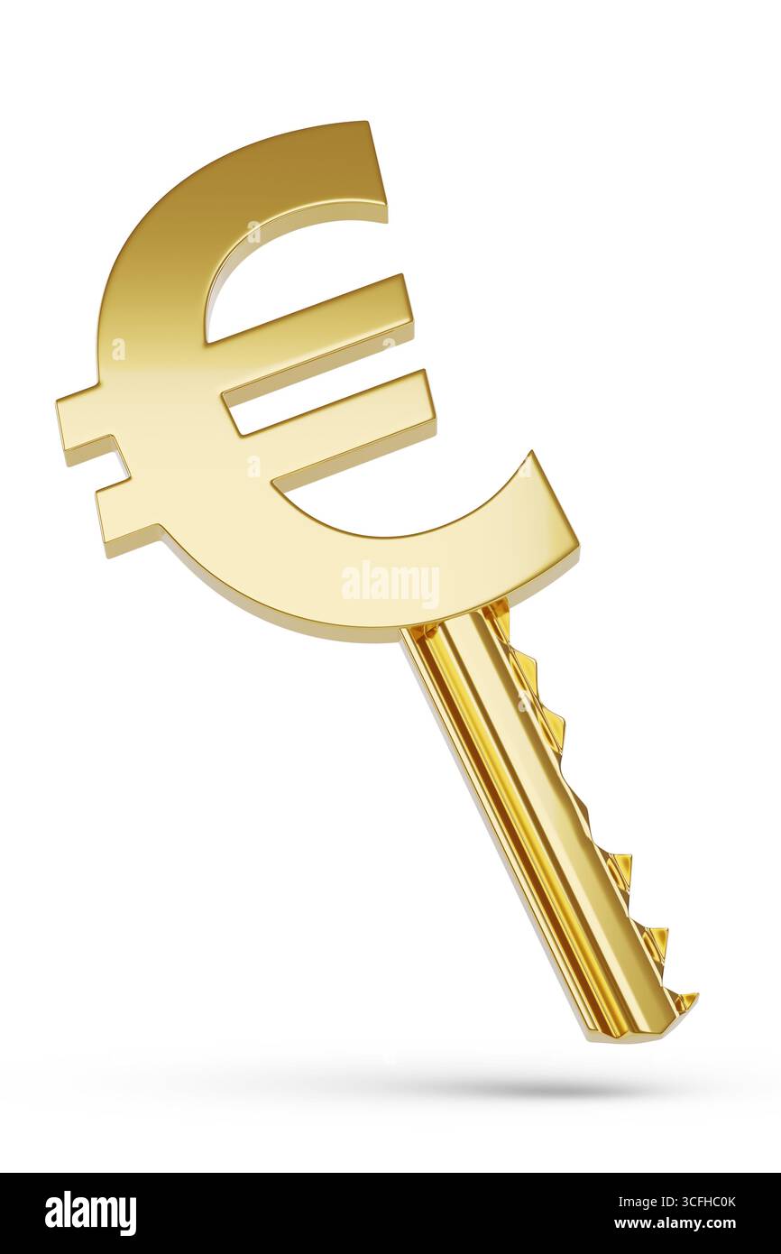 Goldener Schlüssel mit dem Euro-Zeichen auf weißem Hintergrund. 3D-Abbildung. Stockfoto
