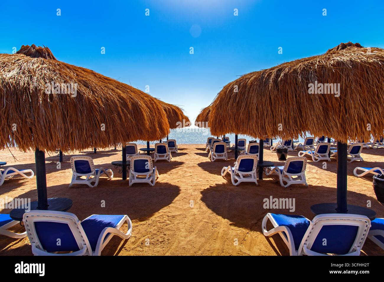 Liegestühle und Sonnenliegen am Strand von Sharm el Sheikh, Ägypten. Stockfoto