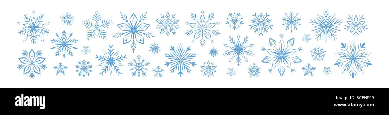 Handgezeichnete Buntstift blaue Schneeflockenkante. Gefrorenes Wintereiskristall. Kindliche Kinder Bleistift, Pinsel strukturierte Kritzeleien. Filigraner, skurriler Mer Stock Vektor