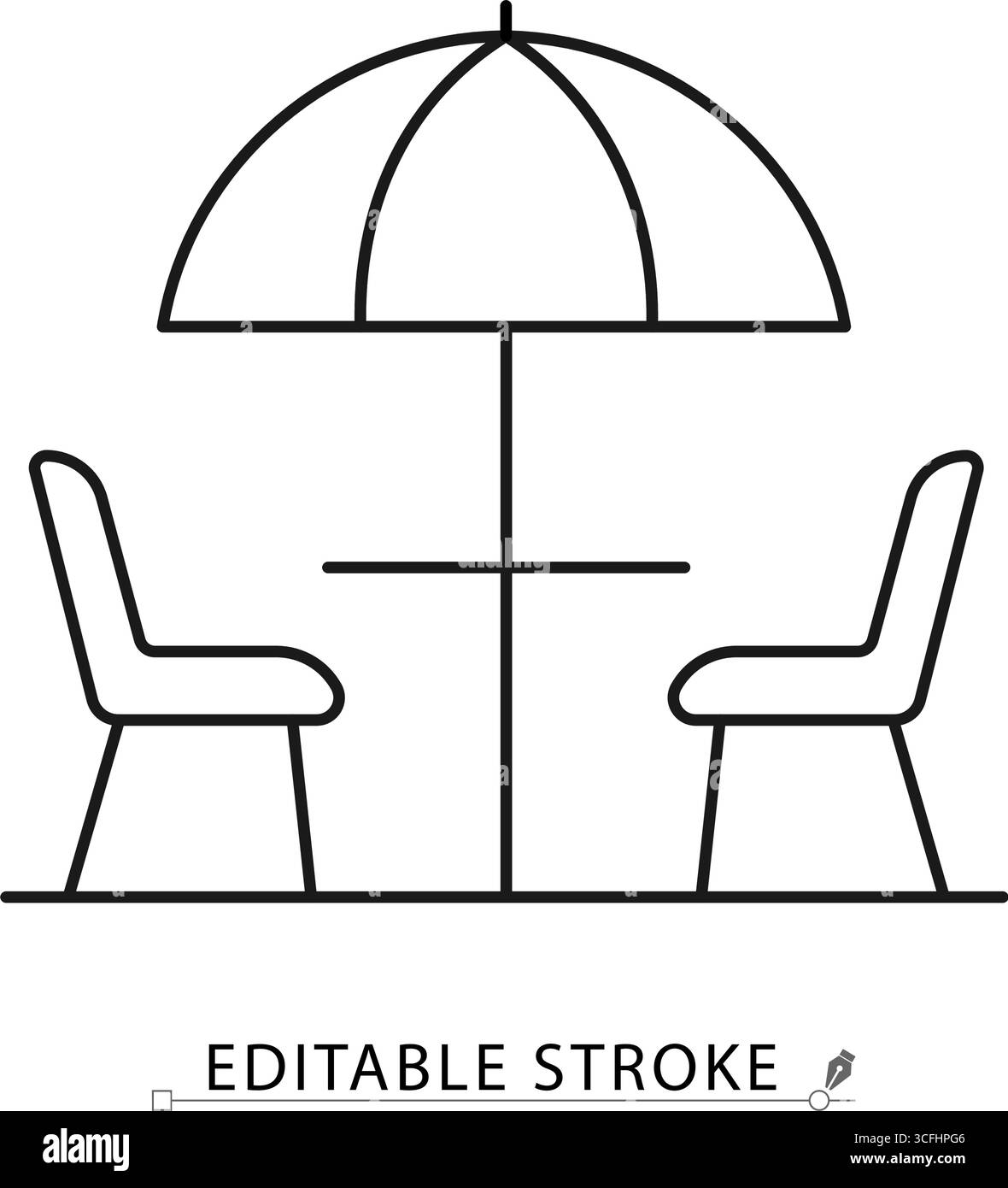 Symbol für die Terrassenlinie mit bearbeitbarem Strich. Vektorumriss des Außentisches mit Sonnenschirm und Stühlen. Minimalistisches Symbol für Hotel, Café, Sommerterrasse Stock Vektor