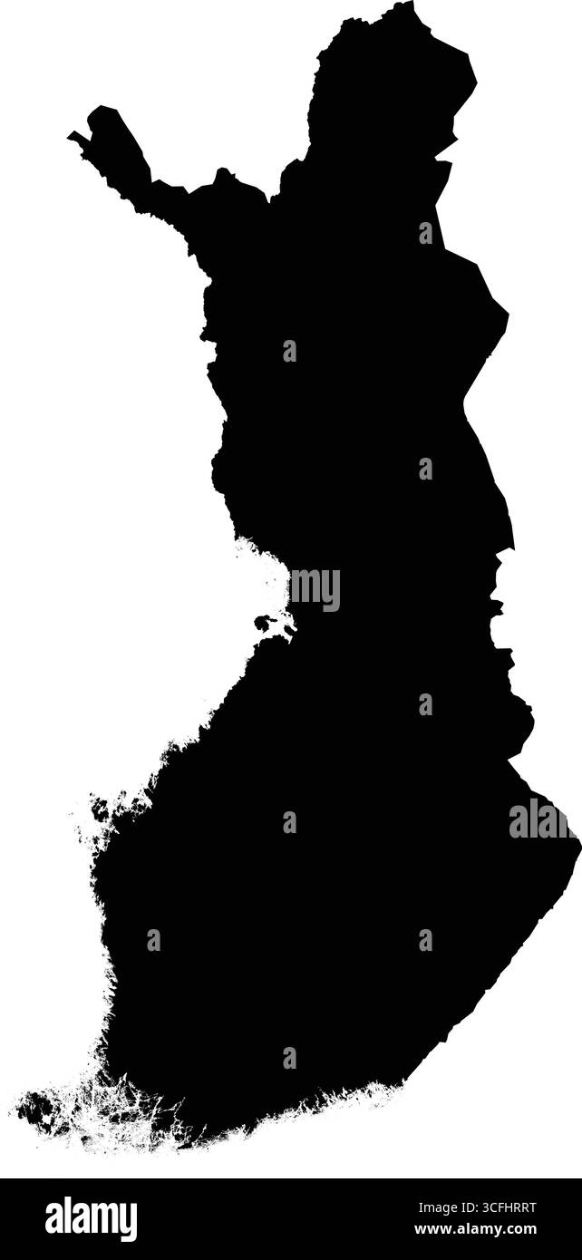 Editierbare schwarze Vektor-Silhouettenkarte Finnlands, die seine lange Form und die unregelmäßige Küstenlinie zeigt. Stock Vektor