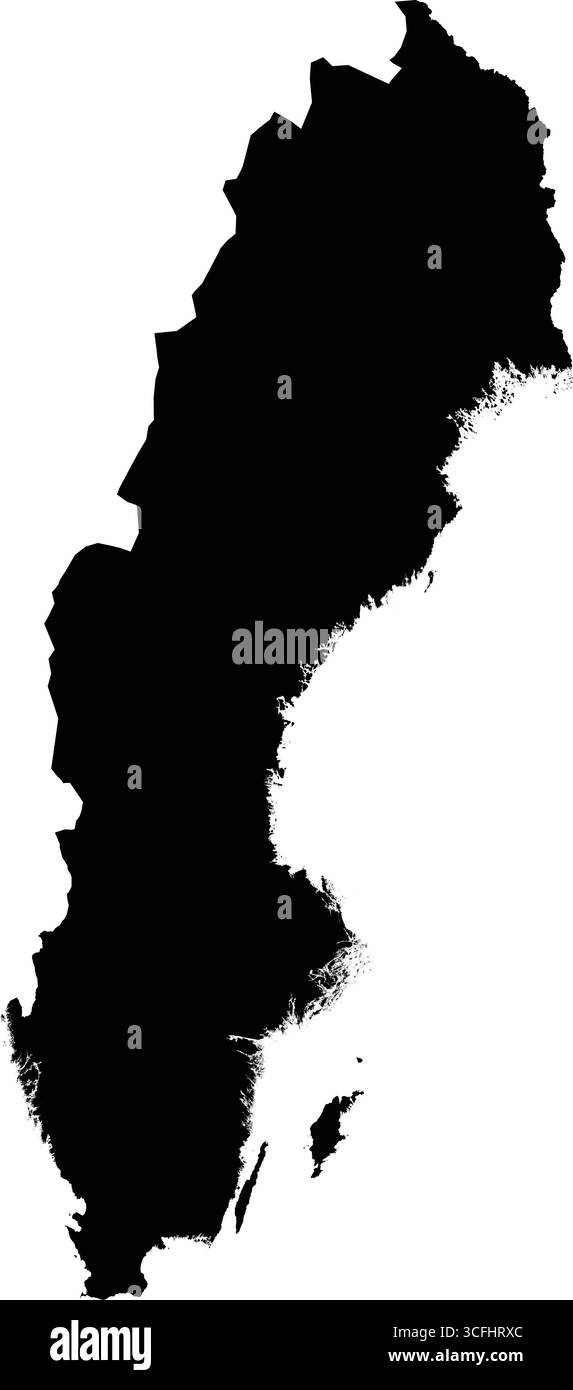 Editierbare schwarze Vektor-Silhouettenkarte von Schweden, die seine lange, schmale Form mit einer zerklüfteten westlichen Grenze und detaillierter östlicher Küste hervorhebt. Stock Vektor