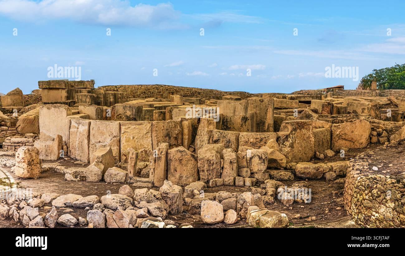 Megalithtempel von Hal Tarxien, 3250-2500 v. Chr., Erscheinungsbild ohne Zeltdach, UNESCO-Weltkulturerbe, Tarxien, Malta Stockfoto
