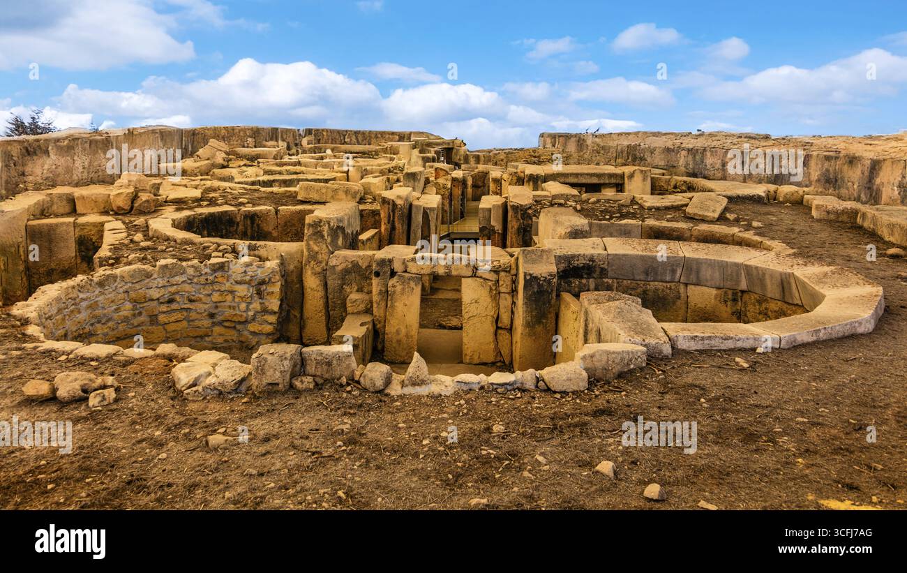 Megalithtempel von Hal Tarxien, 3250-2500 v. Chr., Erscheinungsbild ohne Zeltdach, UNESCO-Weltkulturerbe, Tarxien, Malta Stockfoto