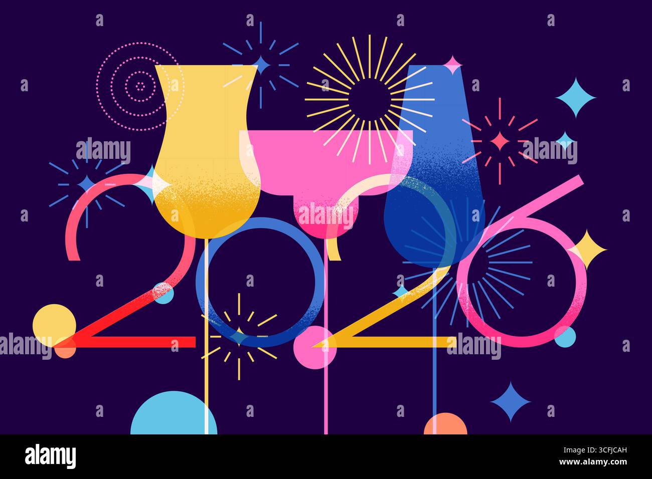 2026 Silvesterparty-Banner mit mehrfarbigen Cocktails, Champagner, Feuerwerk. Vektorabbildung. Festliche Designelemente für Cocktailkarte und Bar Stock Vektor
