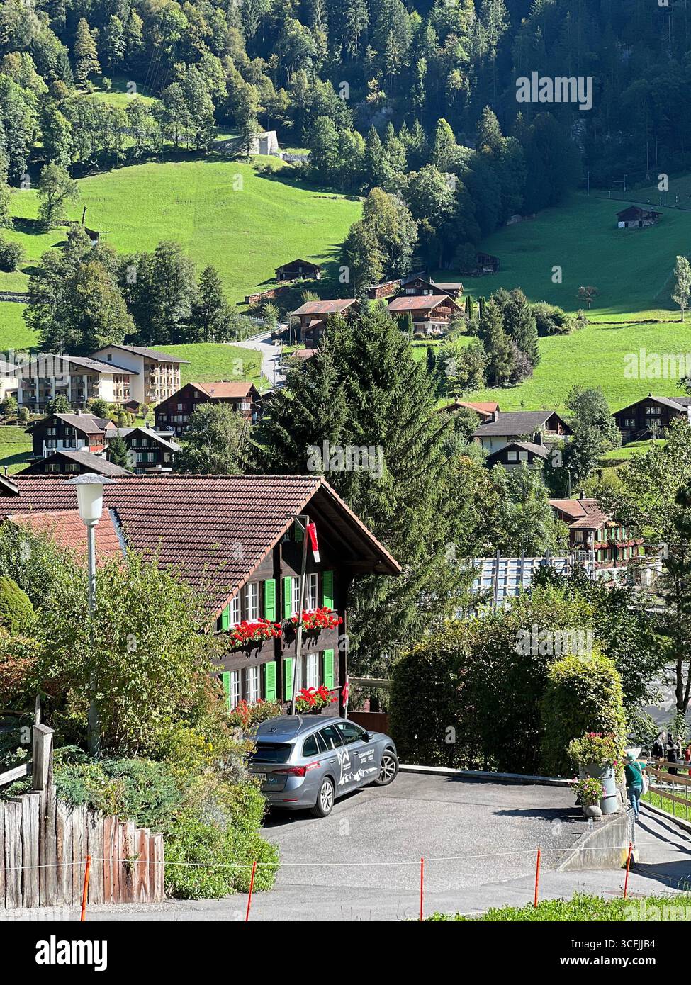 Traditionelle Schweizer Chalets im Lauterbrunnental, umgeben von grünen Wiesen und alpiner Landschaft, Schweiz. Stockfoto