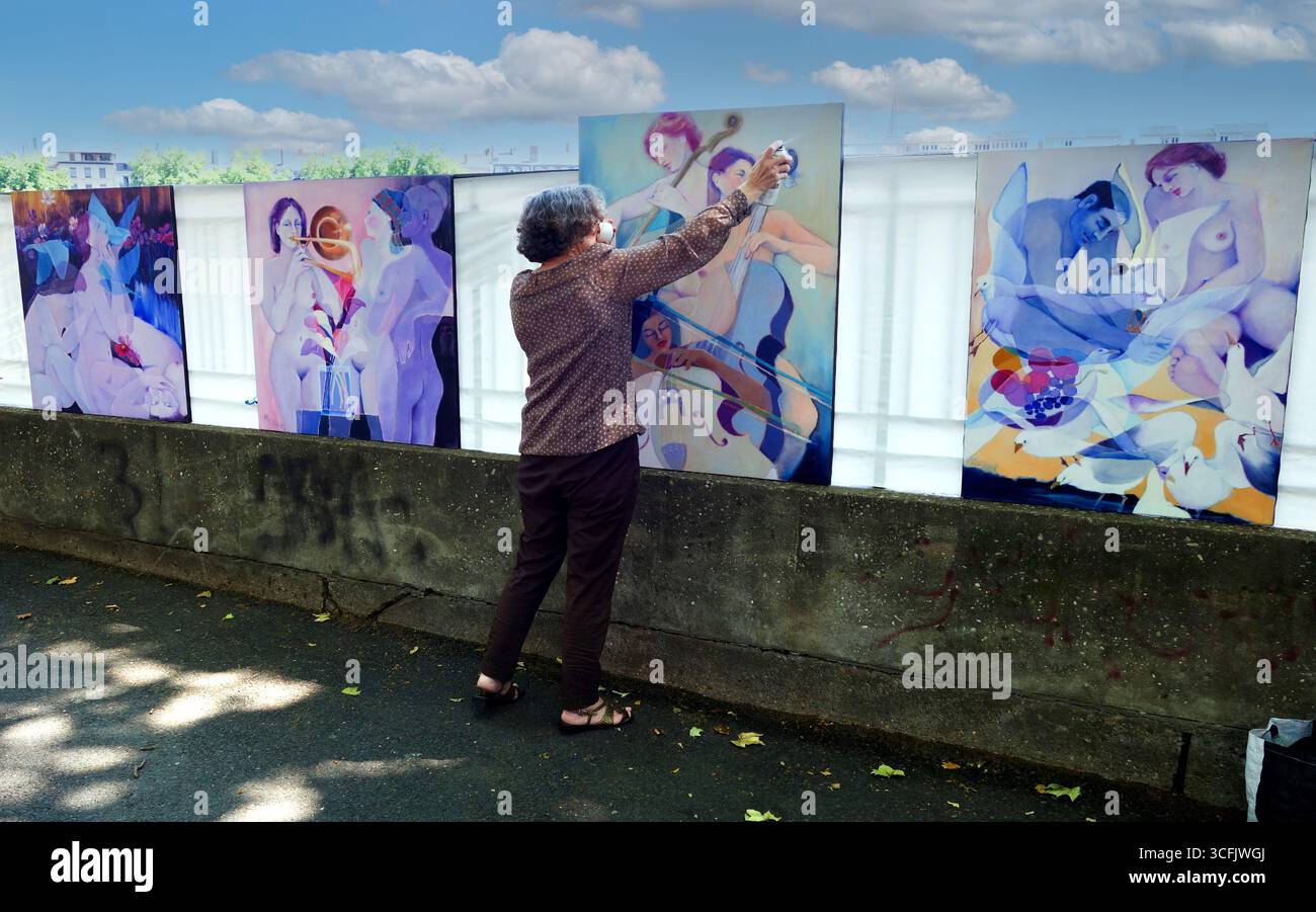 Künstler Spray Malerei Gemälde Kunst Künstler Markt in der Nähe von The Saone Fluss Lyon Frankreich Stockfoto