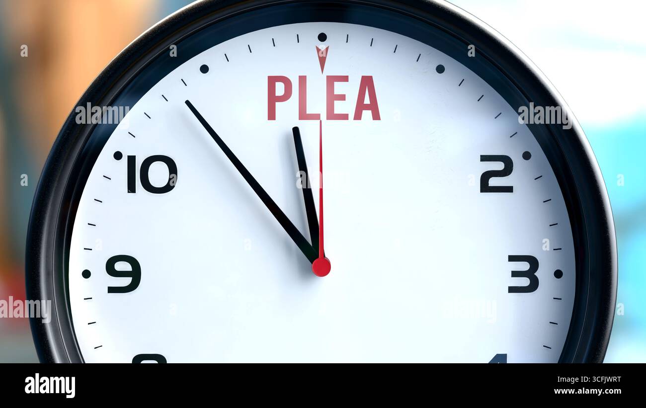 Bitte, das wird bald passieren. Eingehender Plädoyer, der sich in naher Zukunft nähert. Plädoyer fast hier, in kurzer Zeit - eine Uhr symbolisiert eine Erinnerung Th Stockfoto