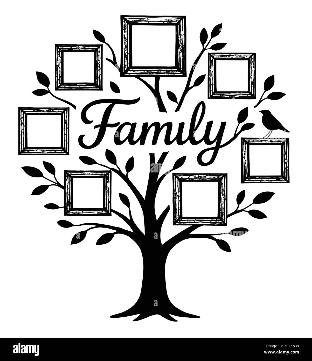 Eine schwarze Silhouettendarstellung eines stilisierten Baumes mit ganzen Ästen und Blättern, die Stärke, Wachstum und Verbindung darstellen. Das Wort „Familie“ lautet Stock Vektor