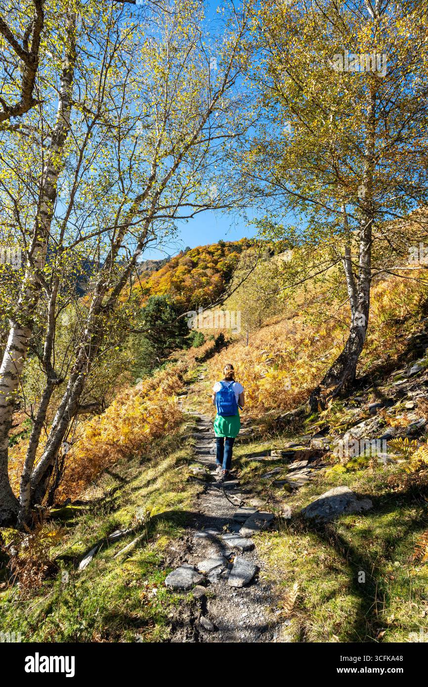 Frau, die im Herbst im Wald läuft. Pyrenäen, Frankreich. Aufnahmen von hinten. Stockfoto