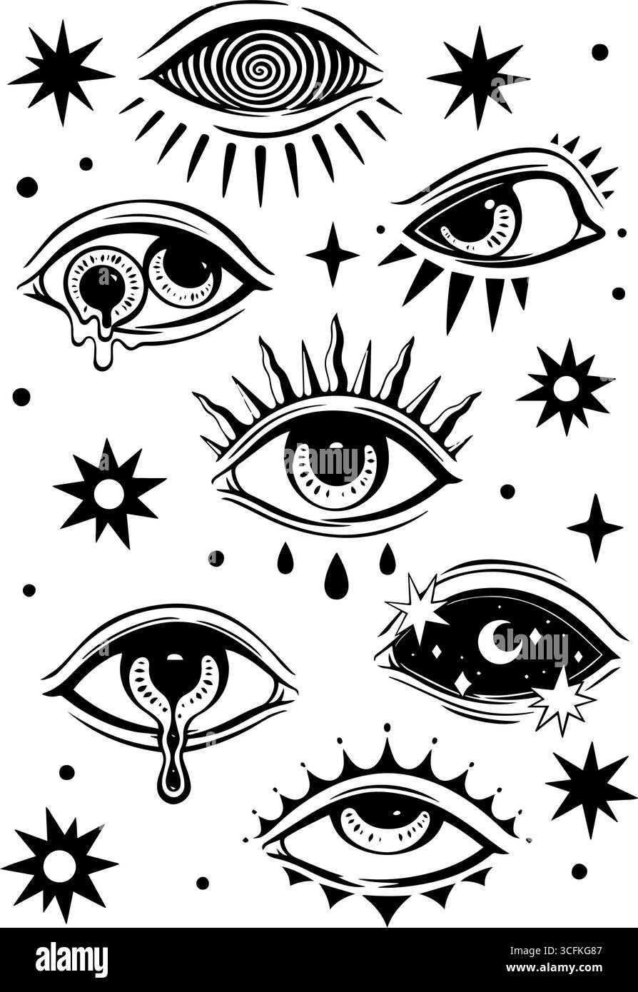 Set der psychedelischen Augen. Schwarz-weiß. Vektorabbildung Stock Vektor