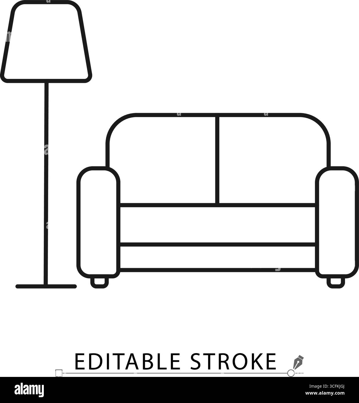 Loungenlinie-Symbol mit bearbeitbarer Kontur. Vektorumriss von Sofa und Stehlampe. Minimalistisches Symbol für Hotellobby, Entspannungsbereich, Inneneinrichtung, Komfort Stock Vektor