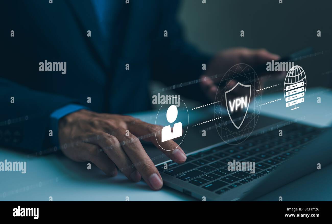 Verbindungskonzept für virtuelle private Netzwerkverschlüsselung. Verwenden von VPN für sicheren Internetzugang. Ein Geschäftsmann greift über VPN sicher auf das Internet zu Stockfoto