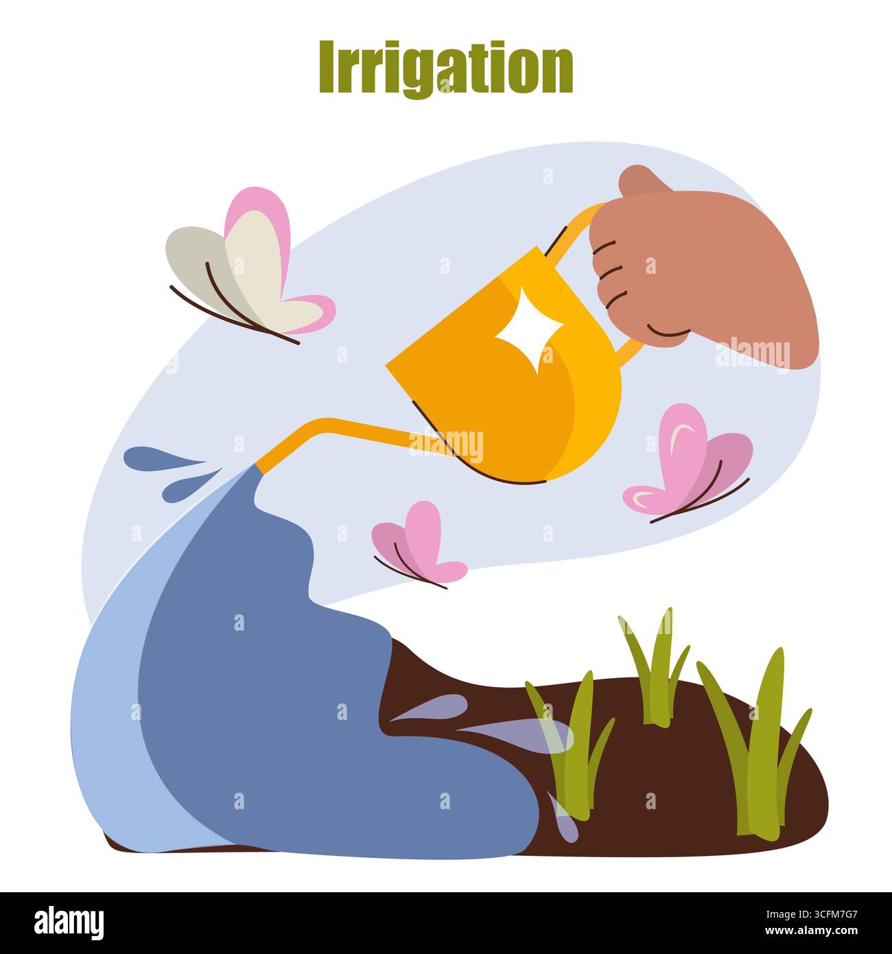 Gartenbaukonzept. Mit der Hand junge Pflanzen aus einer gelben Dose mit Schmetterlingen bewässern, die umherfliegen, den Boden pflegen und Pflanzen in einem Garten oder auf einem Bauernhof wachsen lassen, was für ein gesundes Pflanzenwachstum unerlässlich ist. Vektorabbildung. Stock Vektor