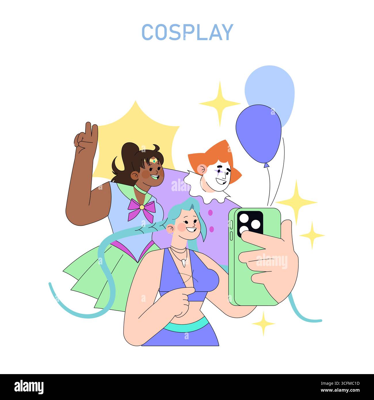 Eine fröhliche Gruppe verschiedener Cosplayer macht gern ein Selfie zusammen und hält fröhliche Ausdrücke in lebendigen Kostümen fest. Vektor-Illustration von Kostümspiel Spaß und Freundschaft. Stock Vektor Eine fröhliche Gruppe verschiedener Cosplayer macht gern ein Selfie zusammen und hält fröhliche Ausdrücke in lebendigen Kostümen fest. Vektor-Illustration von Kostümspiel Spaß und Freundschaft. Stock Vektor