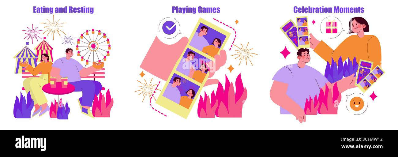 Vektor-Illustration von Menschen auf einer Messe, die Essen genießen, Spiele spielen und Momente mit Fotostreifen und Geschenken feiern. Bietet eine lebhafte Atmosphäre mit Feuerwerk und Fahrgeschäften. Stock Vektor