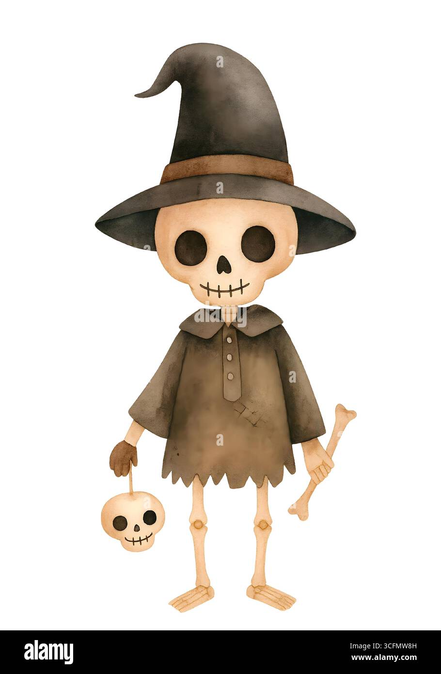Niedliche Halloween Skelett Illustration, Spooky Kawaii Skelett Charakter Clipart Stockfoto