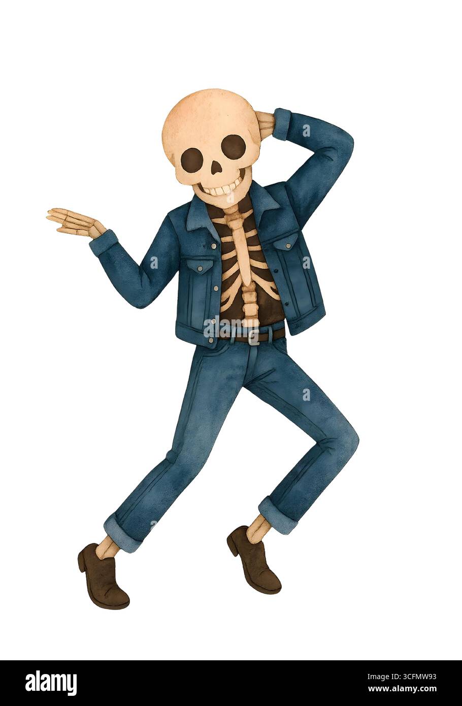 Niedliche Halloween Skelett Illustration, Spooky Kawaii Skelett Charakter Clipart Stockfoto