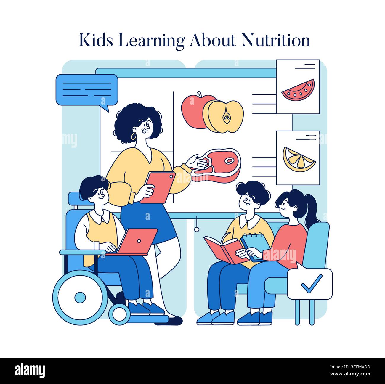 Vektorillustration von Kindern, die im Unterricht über Ernährung lernen. Der Lehrer erklärt mit visuellen Hilfsmitteln die Lebensmittelarten, während engagierte Schüler Laptops und Notebooks verwenden. Stock Vektor