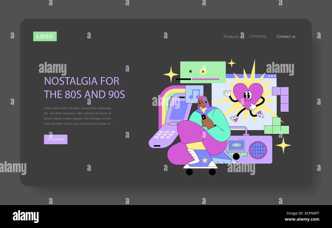 Lebendige Vektor-Illustration, die mit Retro-Technologie an Nostalgie der 80er und 90er erinnert, eine Person, die Musik über Kopfhörer, Herzcharakter und verspielte Elemente genießt. Modernes Design und Kreativität. Stock Vektor