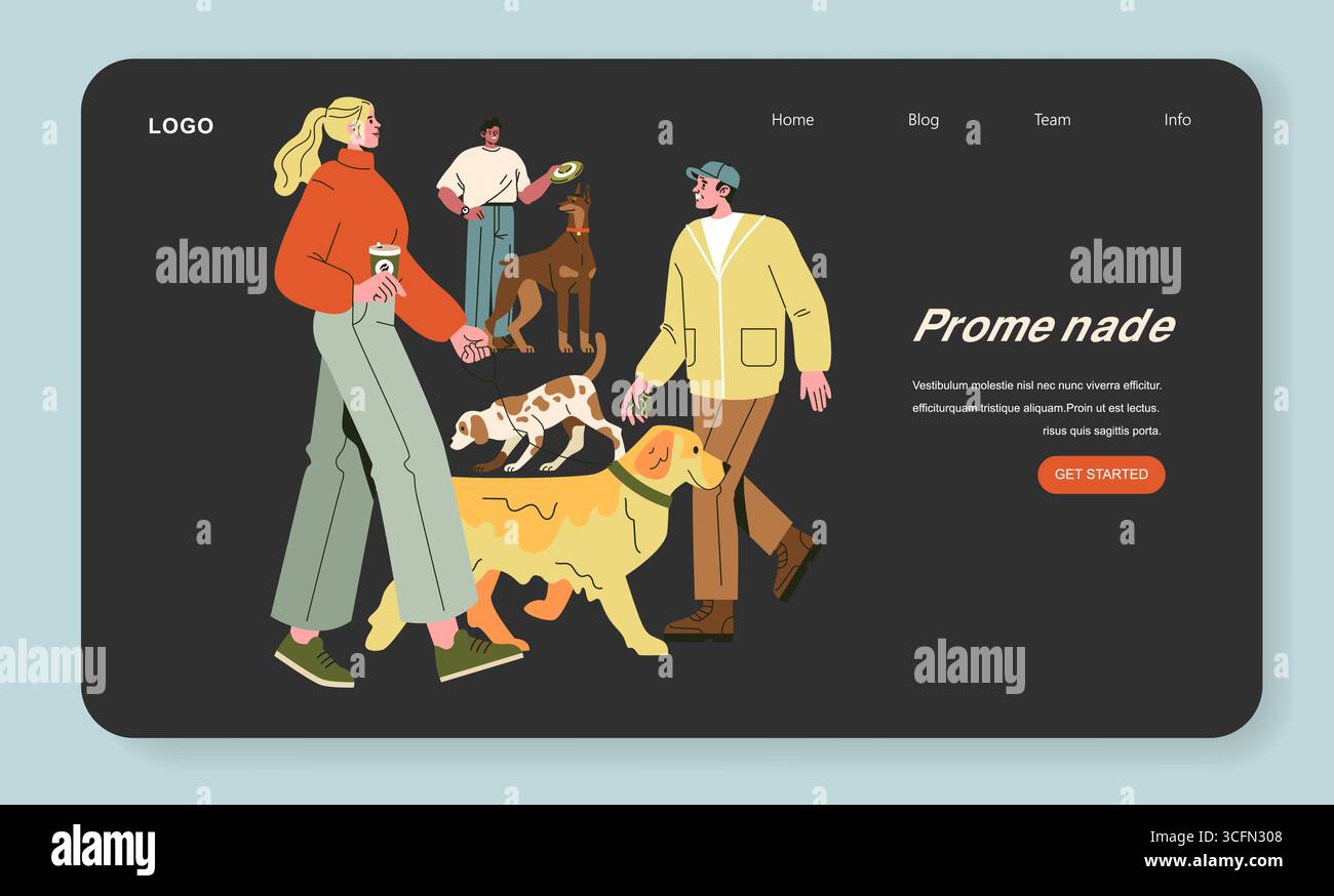 Vektor-Illustration von Menschen, die verschiedene Hunde entlang einer Promenade laufen, die zwanglose Interaktion und Freizeit zeigen. Jede Person hält eine Leine und setzt sich mit ihren Haustieren und miteinander in Verbindung. Stock Vektor