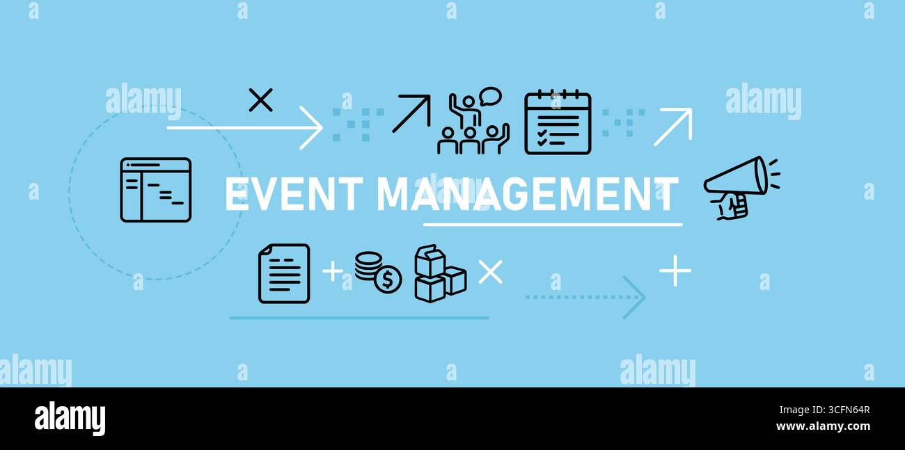 Symbole für das Event Management-Banner, die die Planung von Planung und Kommunikation, Budgetierung und Logistik, Organisation und Ausführung darstellen Stock Vektor