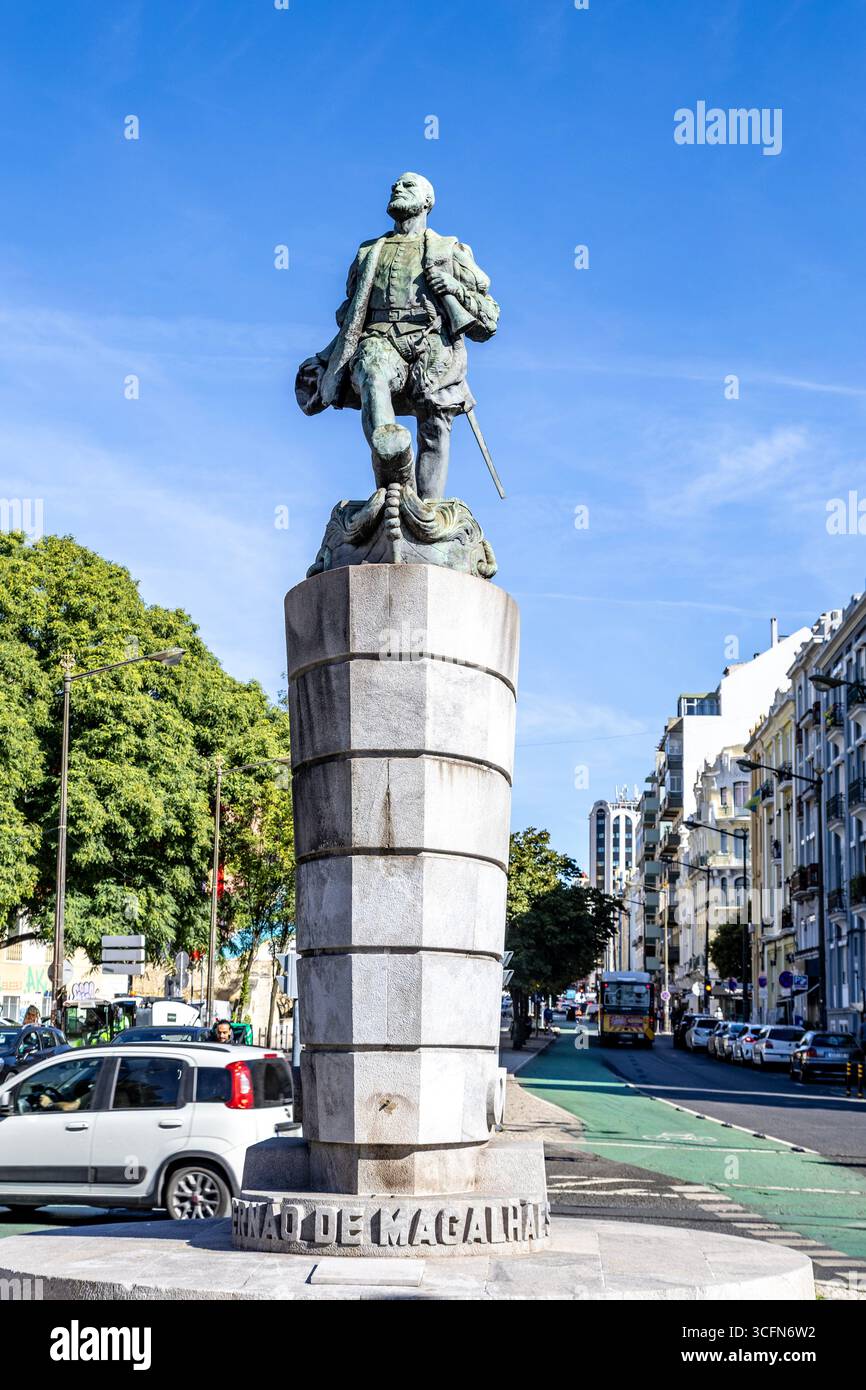Statue für Ferdinand Magellan (Fernao de Magalhaes), portugiesischer Seefahrer, der die erste Meeresumrundung der Erde in der Geschichte initiierte. Stockfoto