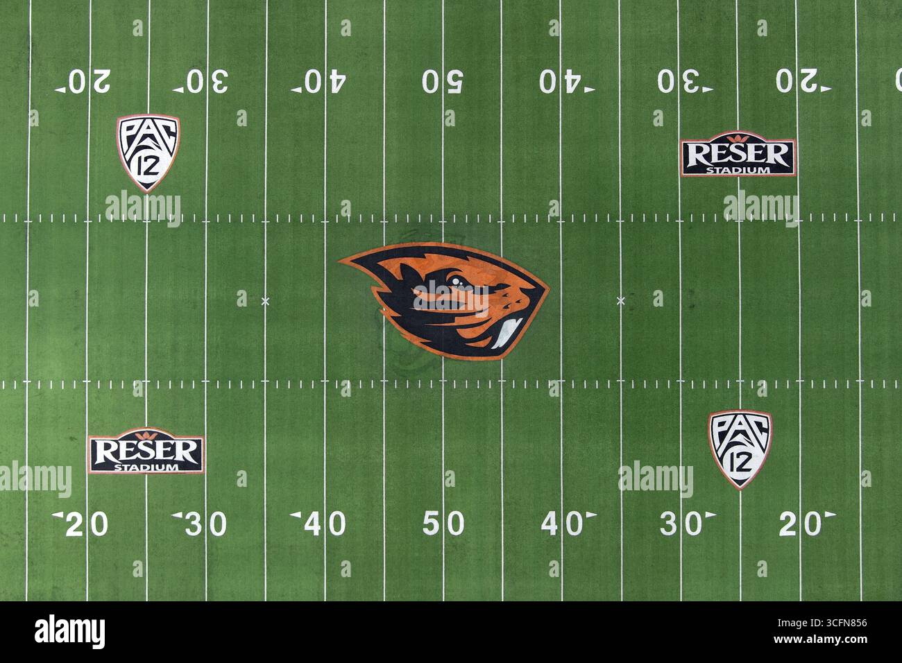 Eine allgemeine Gesamtansicht der Oregon State Beavers und Pac-10 Conference Logos auf dem Reser Stadium Football Field im Oregon State, Freitag, 4. Juli 2025, in Corvalis, Erz. Stockfoto