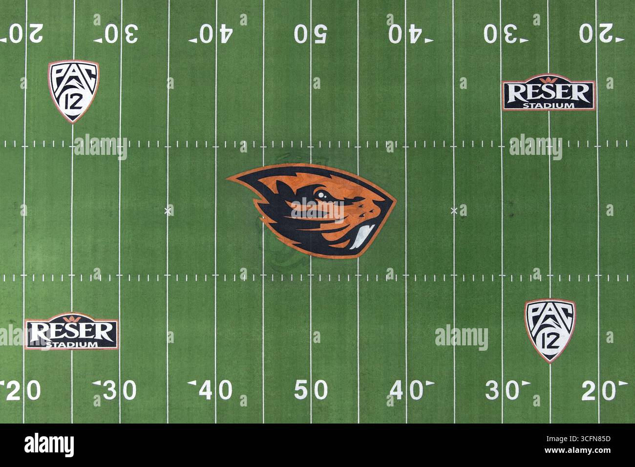 Eine allgemeine Gesamtansicht der Oregon State Beavers und Pac-10 Conference Logos auf dem Reser Stadium Football Field im Oregon State, Freitag, 4. Juli 2025, in Corvalis, Erz. Stockfoto