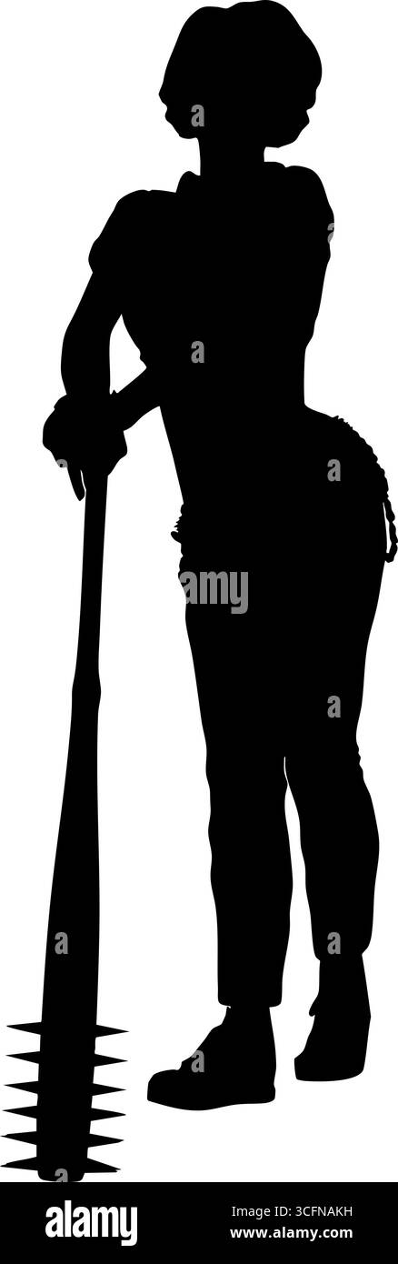 Abstrakte Silhouette einer selbstbewussten Frau, die mit einer großen Stachelfledermaus steht. Die kraftvolle Pose und die Details der Waffen sorgen für ein starkes, kantiges und rebellisches V Stock Vektor