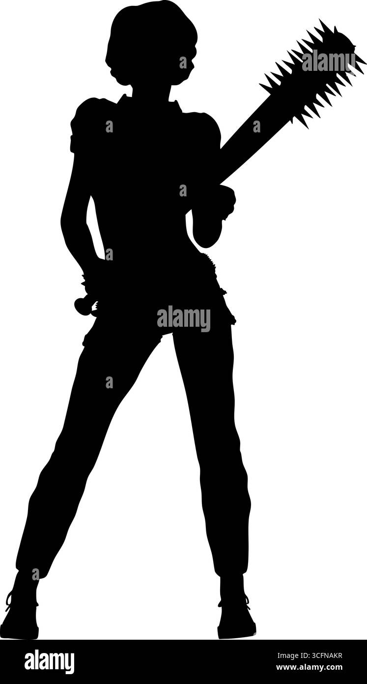 Abstrakte Silhouette einer selbstbewussten Frau, die mit einer großen Stachelfledermaus steht. Die kraftvolle Pose und die Details der Waffen sorgen für ein starkes, kantiges und rebellisches V Stock Vektor
