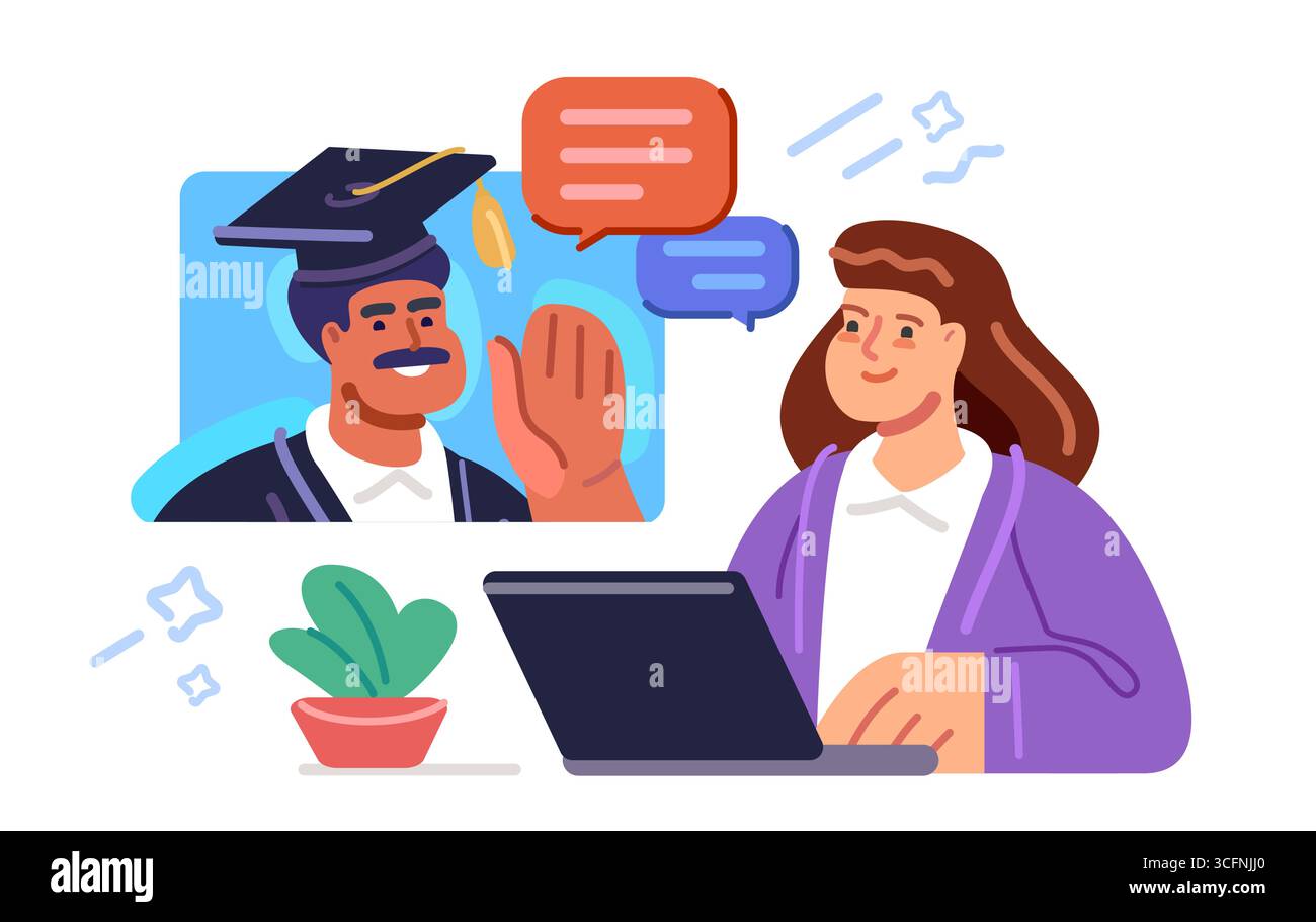 Online-Bildung oder Heimschulung. E-Learning-Konzept. Der Schüler, der einen Laptop verwendet, kommuniziert mit dem Lehrer über einen Videolink Stock Vektor