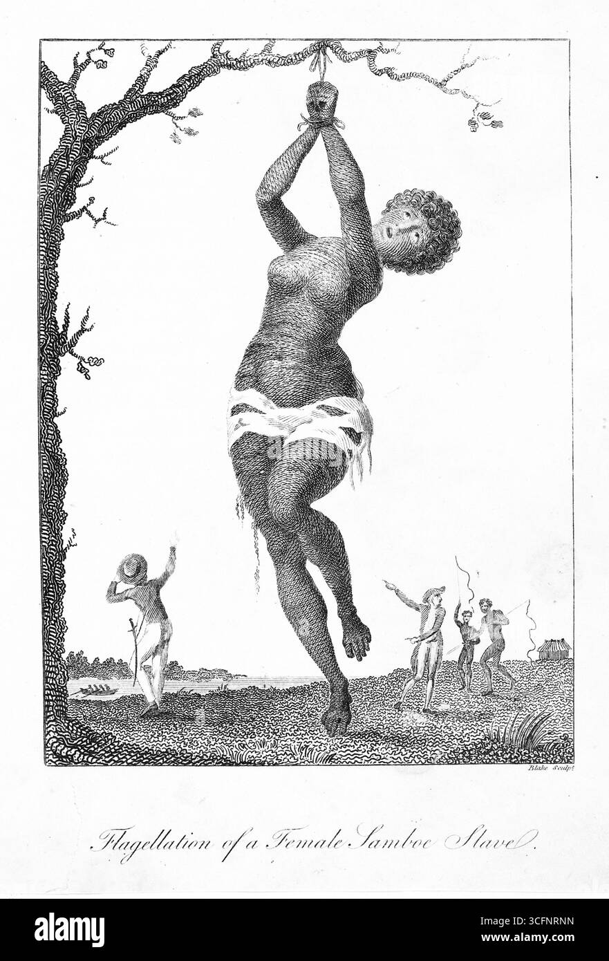 Flagellierung einer Sklavin, die an einem Baum gehängt ist Stockfoto