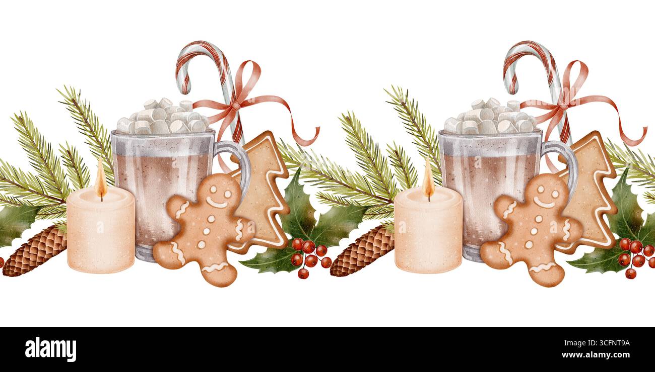 Heißer Kakao mit Marshmallow, Lebkuchen, Zuckerrohr, Kerzen, Tannenzweigen und Tannenzapfen. Aquarellabbildung auf weißem Hintergrund. Toll für Stockfoto