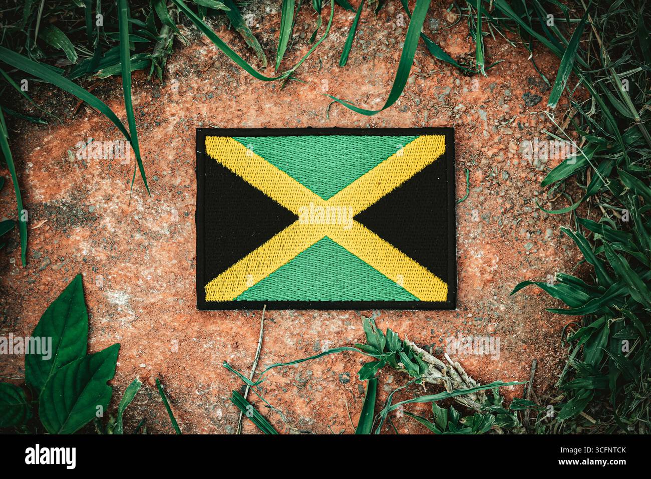 Eine umweltfreundliche, gestickte jamaikanische Flagge ruht auf einem alten Stein im Wald, umgeben von Gras und Natur, und symbolisiert das grüne Abenteuer des Erdtages. Stockfoto