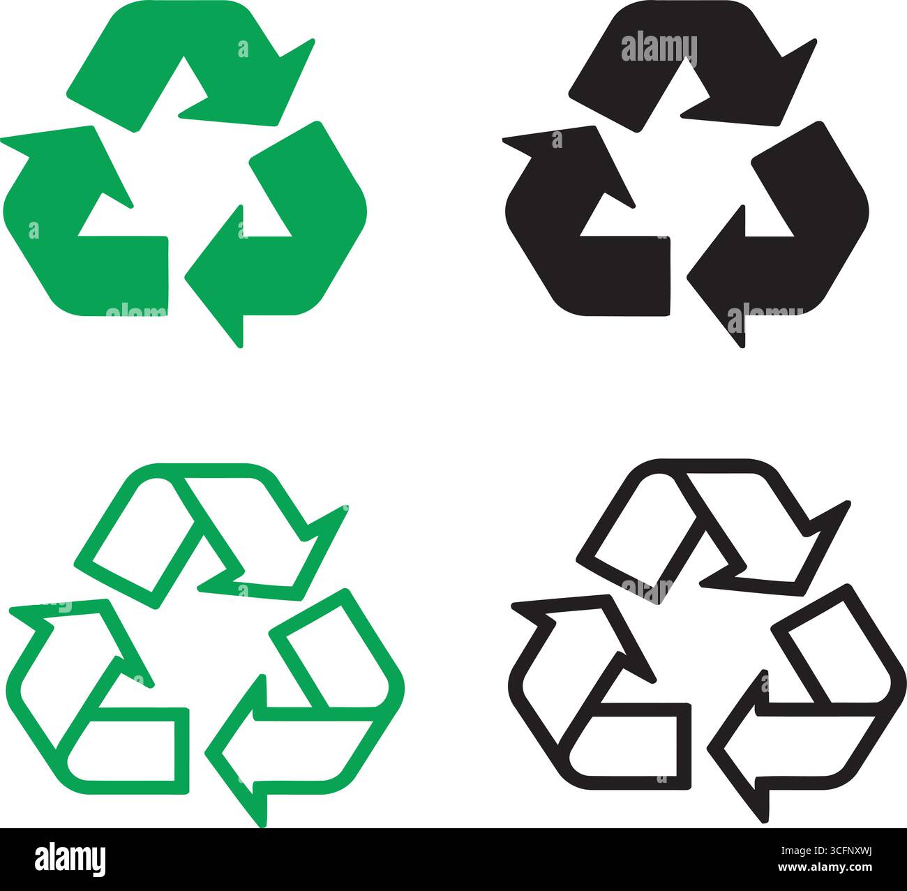 Vektorsymbole für Universal Recycling-Symbole: Grün, schwarz, durchgehend und Kontur Stock Vektor