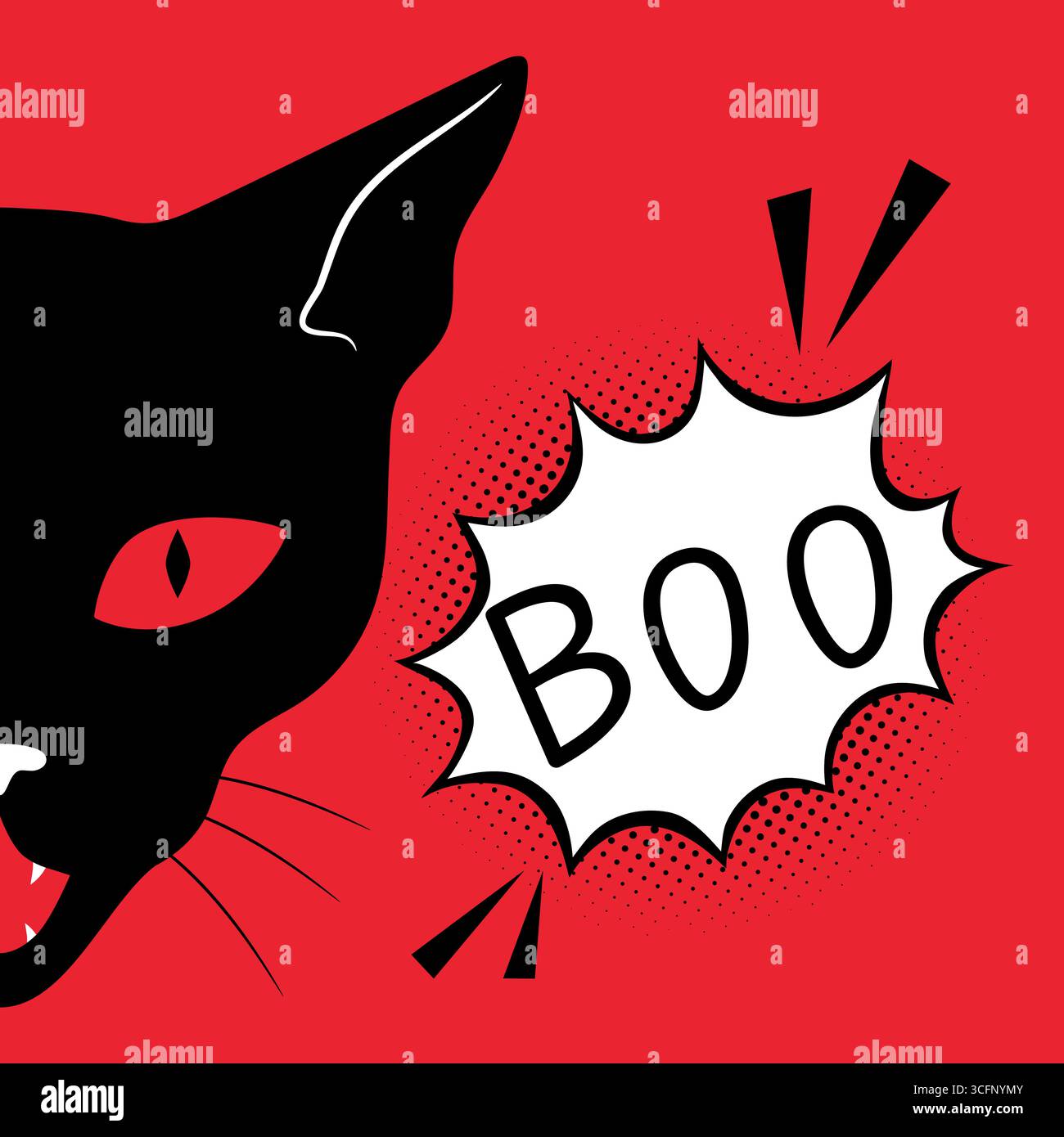 Die schwarze Katze schaut aus der Ecke und sagt Buh. Gruselige schwarze Katze mit einer Sprechblase auf rotem Hintergrund. Vektorabbildung Stock Vektor