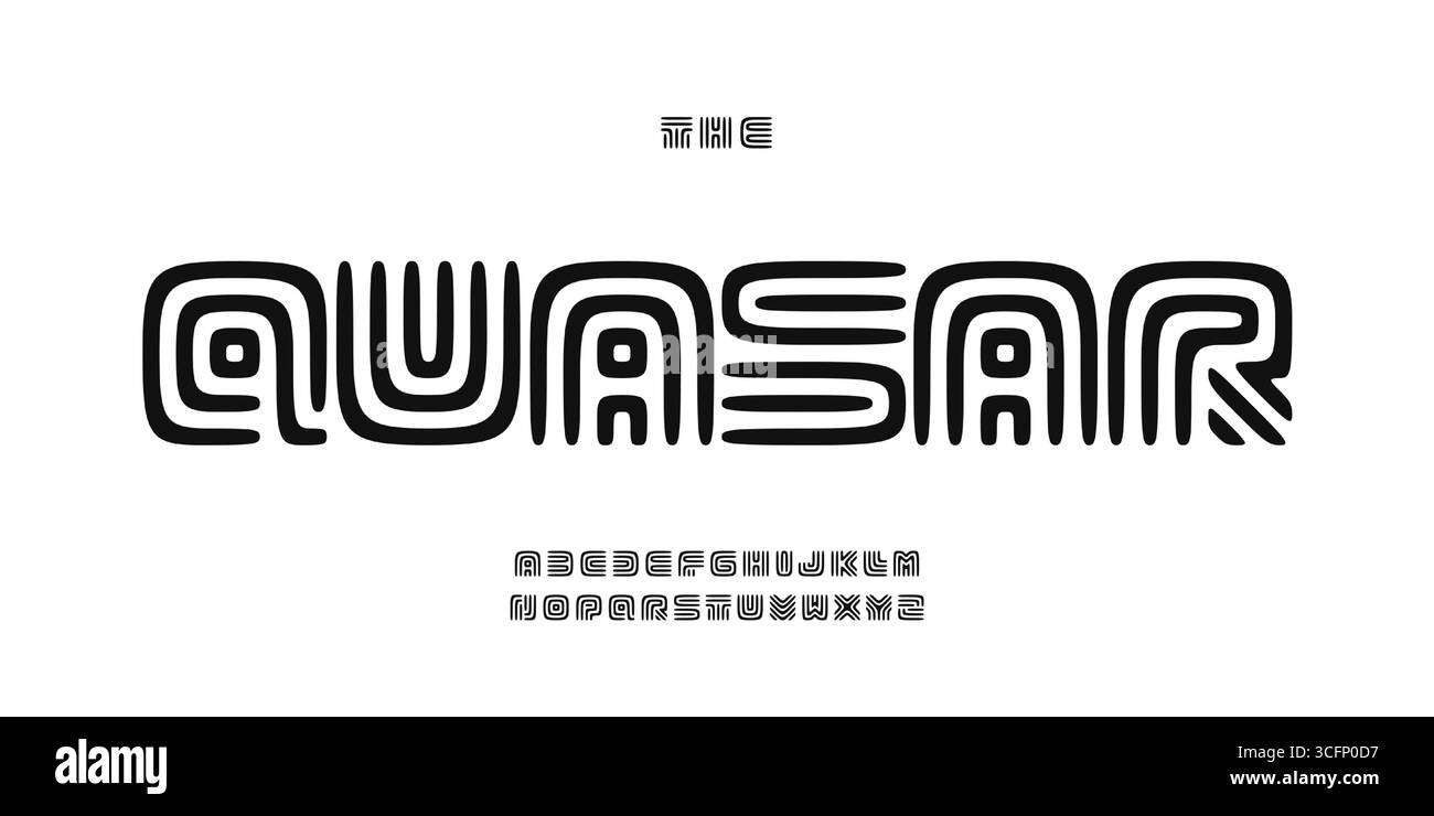 Tribal Glyphe Alphabet, Labyrinth quadratische Schrift, antike Runic futuristische Schriftart für rituelles Logo, mystische Artefaktüberschrift, zeilenstilisierte Typografie Stock Vektor